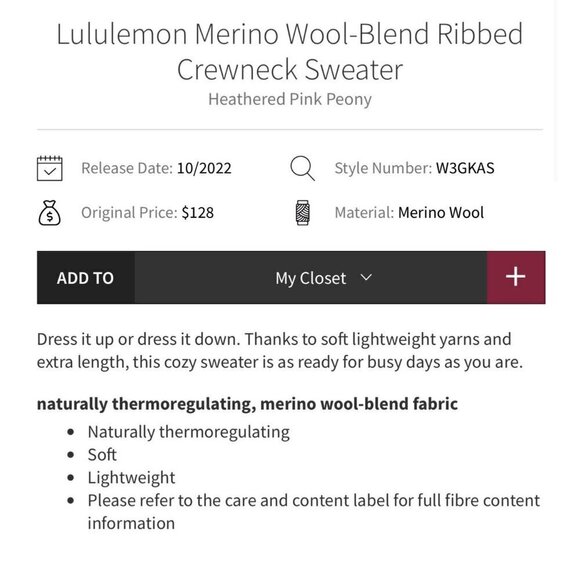 Lululemon merino wool blend ribbed sweater, pink, Size 8 D30 - Picture 2 of 7